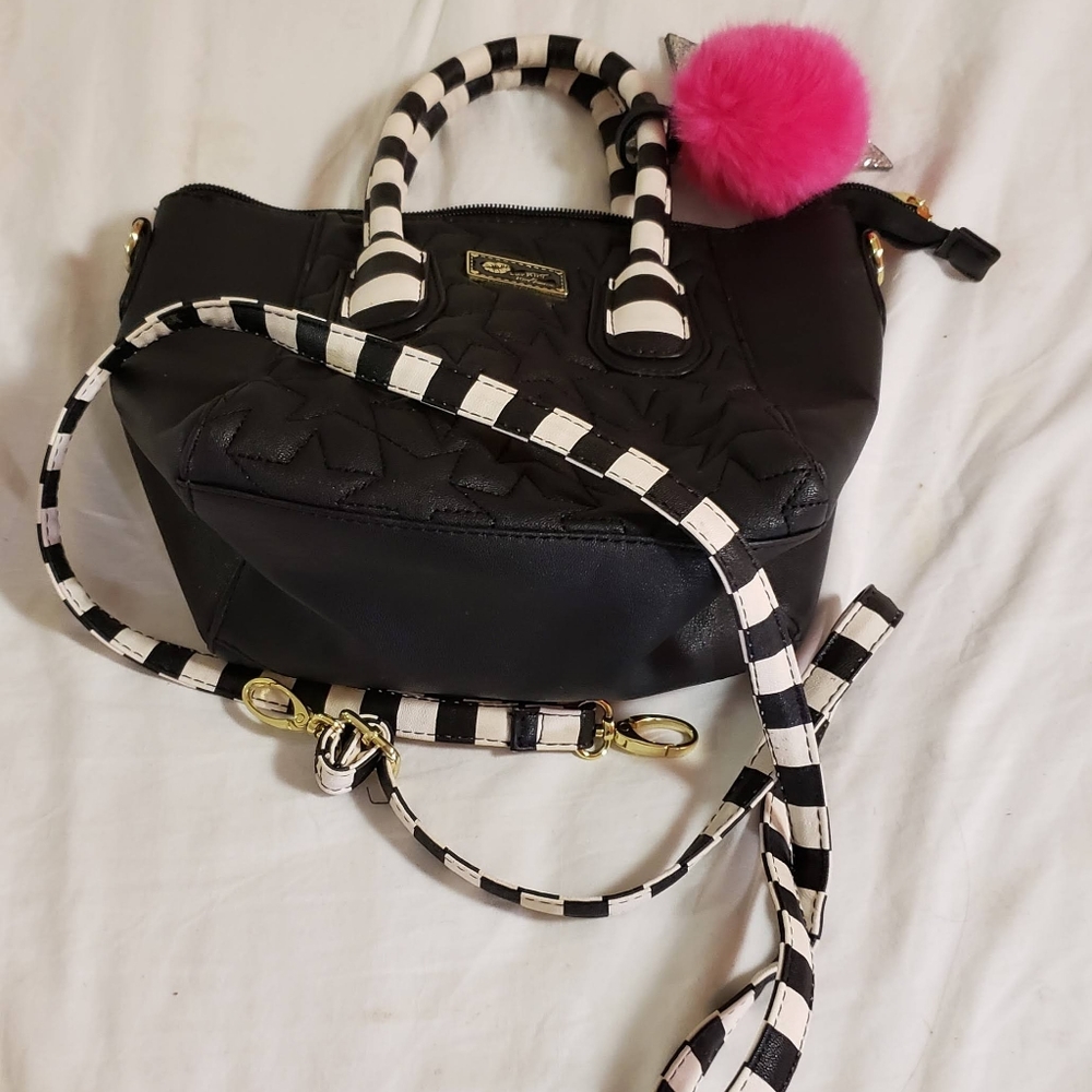 Betsey Johnson Faux Fur Quilted Black Satchel Purse
